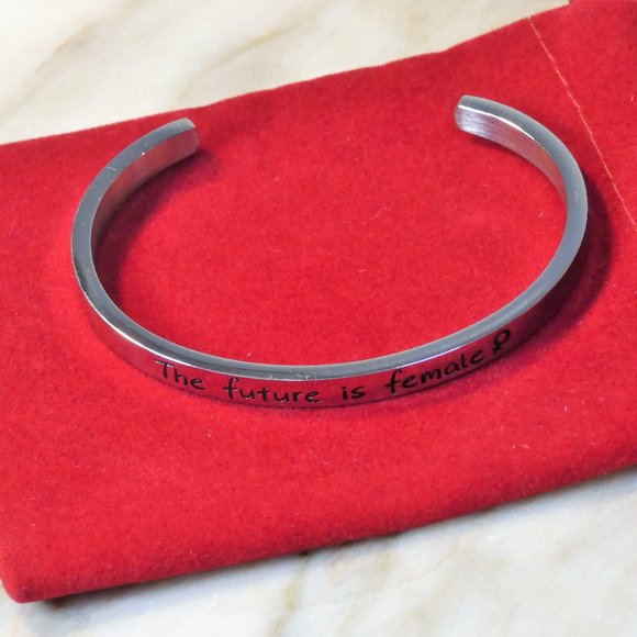 "The future is female" silver cuff inspirational stainless steel silver bracelet - Picture 3 of 3